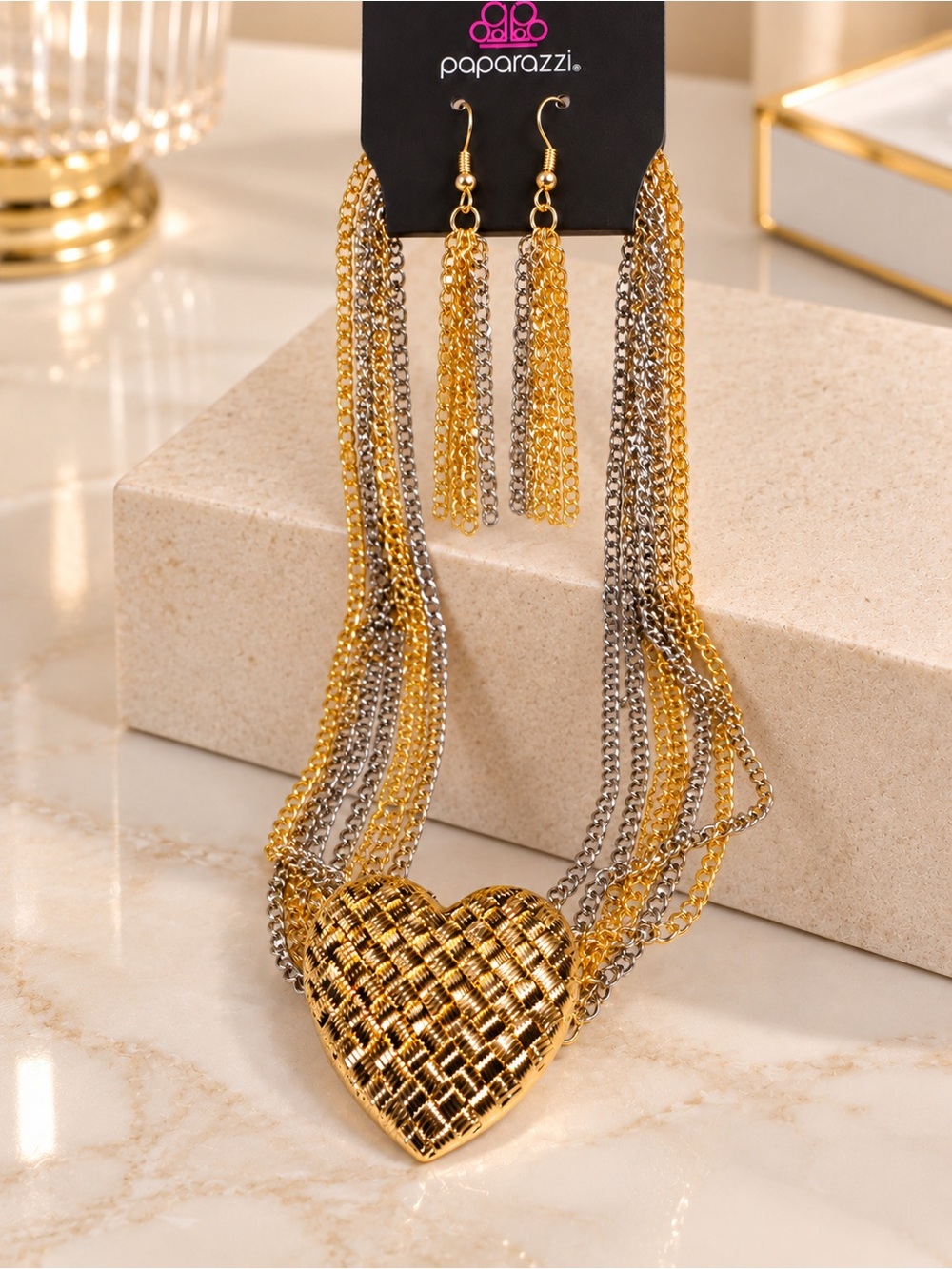 paparazzi Gold and Silver Woven Heart Multi-Strand Necklace with Tassel Earrings